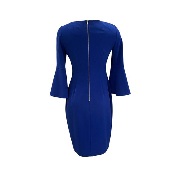Calvin Klein Blue Bell Sleeve Sheath Dress Size 6 Stretch Midi Work Party - Picture 9 of 11